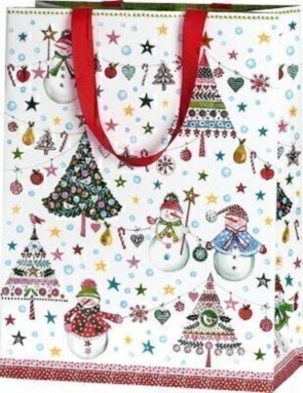 Snowman and Christmas Tree Gift Bag Jesper Large Portrait by Stewo. This quality gift bag by Swiss designers Stewo will not disappoint. It has all the quality and detailing you would expect from Stewo. This gift bag is made from thick card. The strong han